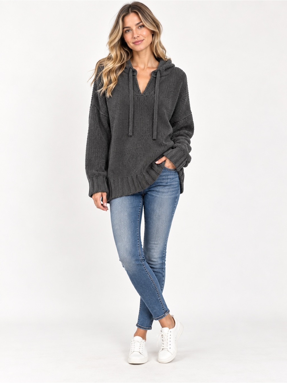 Aerie Chenille Oversized Hooded Sweater XXS Charcoal Gray V Neck Cozy Pullover
